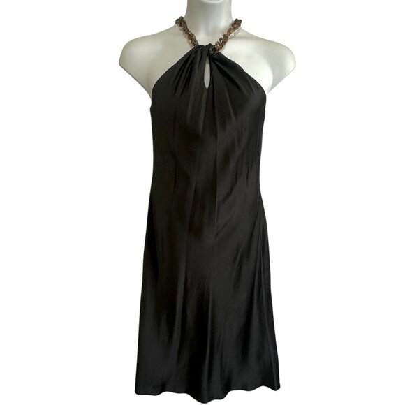 Jason Wu Black Silky Satin Tortoiseshell Chain Strap Halter Neck Midi Dress Sz M - Picture 1 of 11